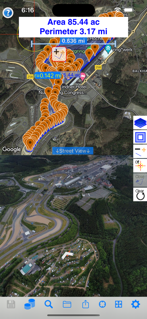 Land Measure Pro app interface showing area and perimeter measurements on a satellite map with a split-screen aerial view