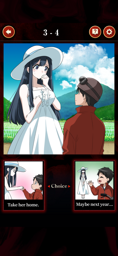 Promise with a Monster - A visual novel choice screen in Promise with a Monster showing a character in a white dress and two story branch options.