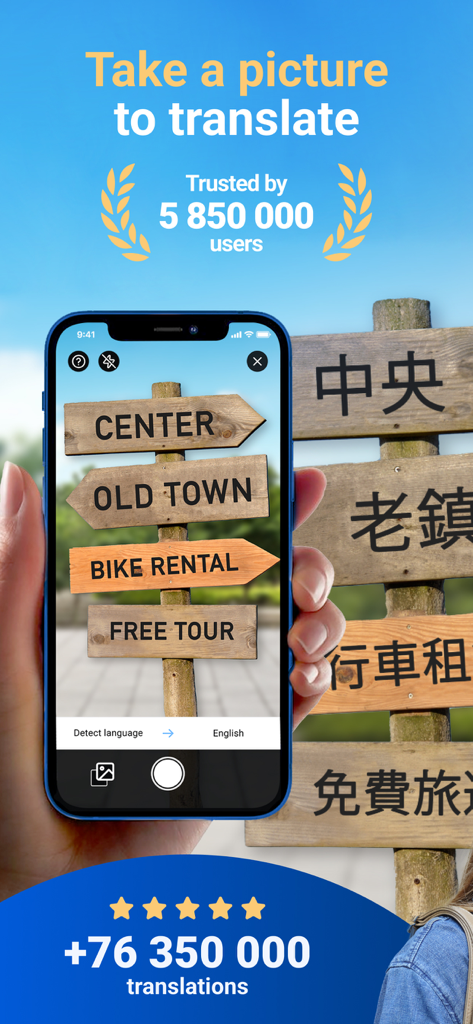 Smartphone using Translator GO to translate a wooden street sign from Chinese to English using camera translation