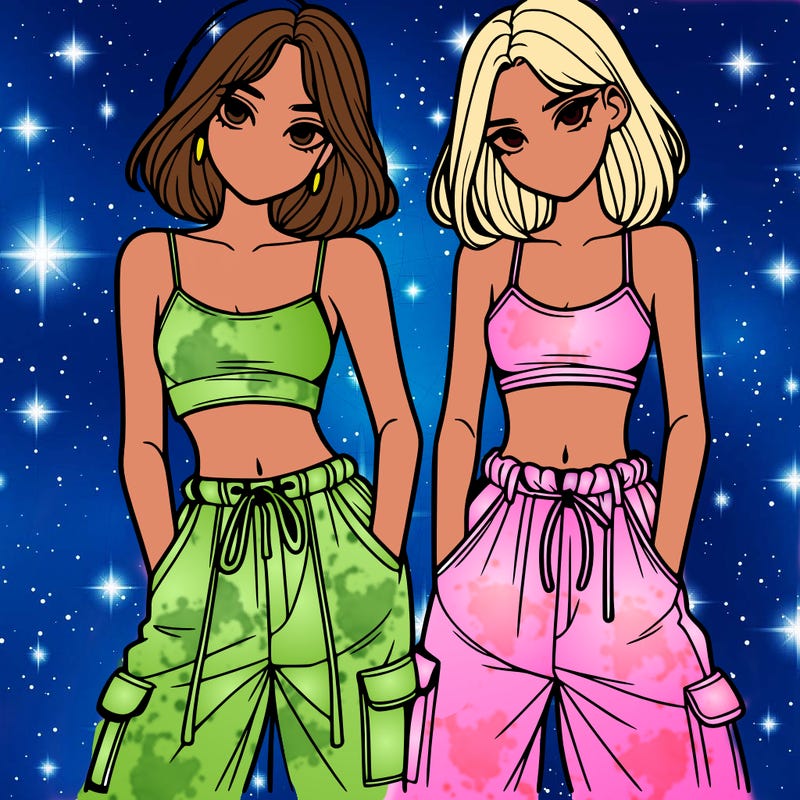 two girls with crop top with baggy pants