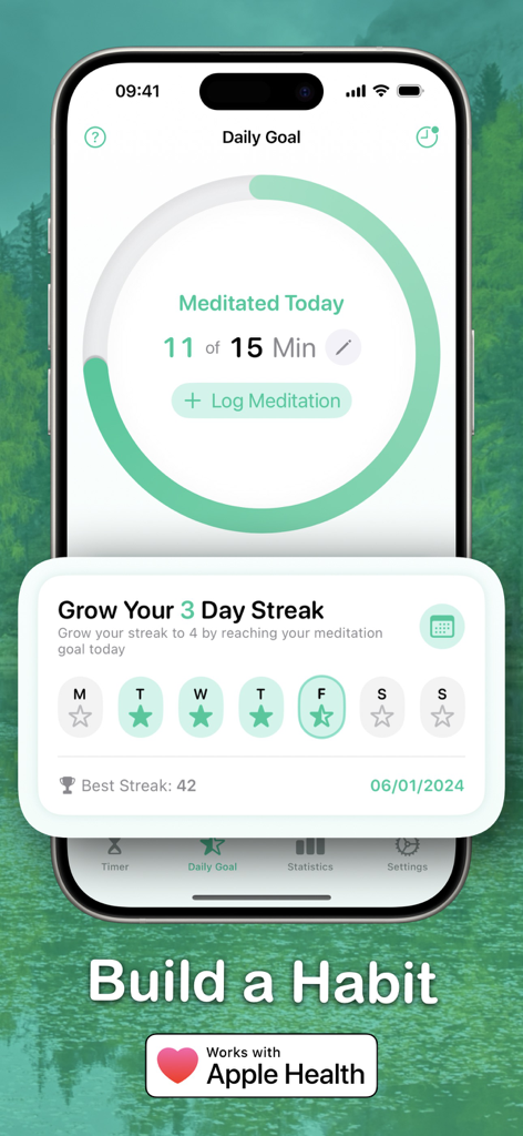Meditation Timer - Zenitizer - Interfaz de la aplicación de meditación Zenitizer que muestra el progreso del objetivo diario y las rachas de hábitos.