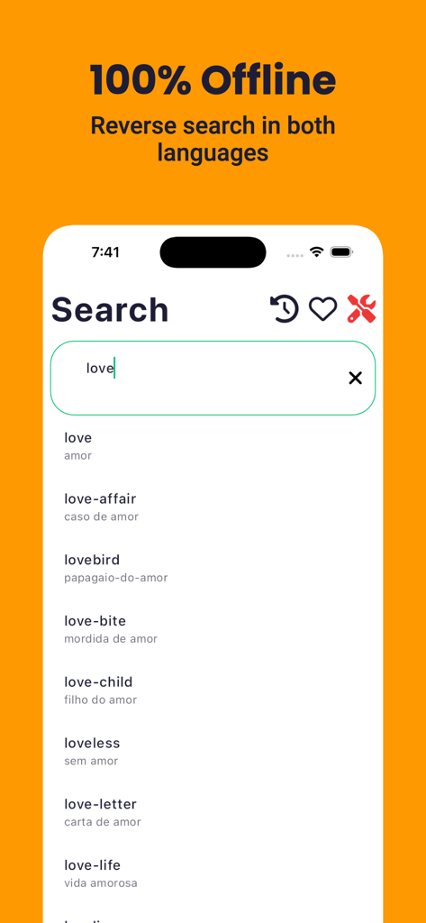 Portuguese Dictionary English - Search screen of Portuguese English Dictionary app showing offline translation results for the word love