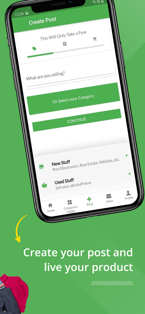 The Create Post screen in the TreeMarket app for selling new and used items