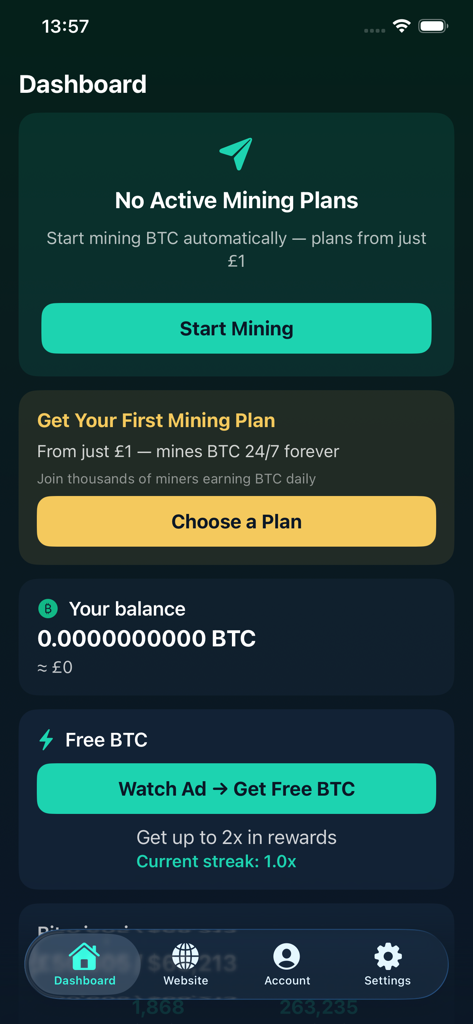 BTC Cloud Miner - Dashboard of the BTC Cloud Miner mobile app showing mining options and Bitcoin balance