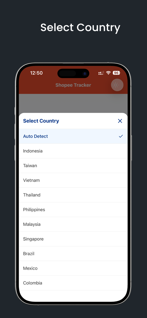 Spx Tracking - shopee! tracker - Spx Trackingアプリのインターフェースに、国際小包追跡のための国リストが表示されています。