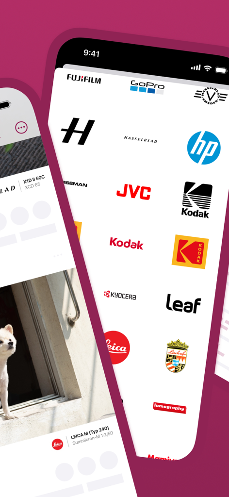 Cameramark: Photo Exif Frame - Cameramark app interface showing a collection of camera brand logos for Exif photo frames