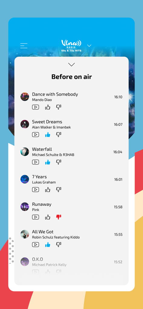 Rádio Vlna - Screenshot of the Radio Vlna mobile app displaying a history of recently played songs with user interaction buttons