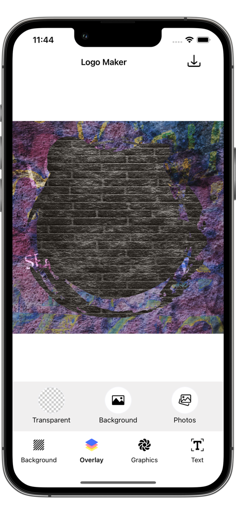 Graffiti Logo Maker app interface showing a brick wall overlay and creative design tools