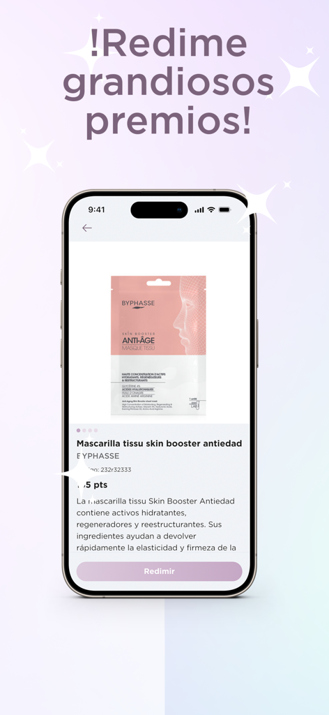 GetBeautyFull App - Interfaz de la aplicación GetBeautyFull que muestra una pantalla de canje de recompensas para una mascarilla facial antienvejecimiento Byphasse