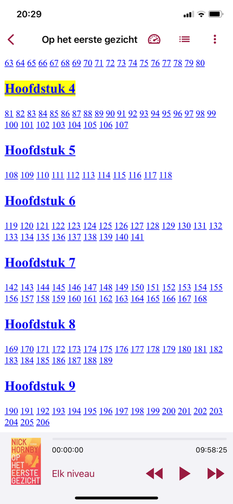 Passend Lezen - Navigation screen in the Passend Lezen app showing chapters and page numbers for an audiobook with playback controls.
