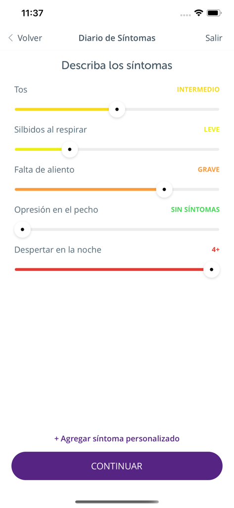 Respiramas - Respiramas mobile app screen for logging respiratory symptoms like coughing and shortness of breath using sliders.