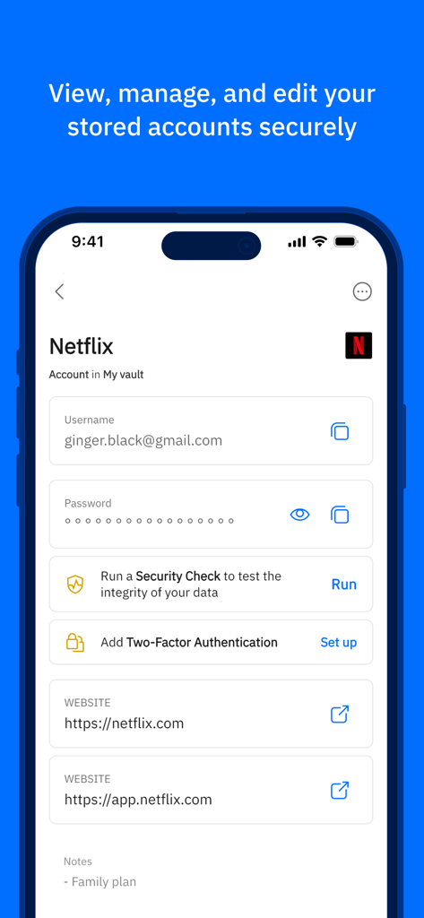 Bitdefender SecurePass - Interfaccia che mostra i dettagli dell'account Netflix archiviati con nome utente, password e opzioni di controllo di sicurezza in Bitdefender SecurePass