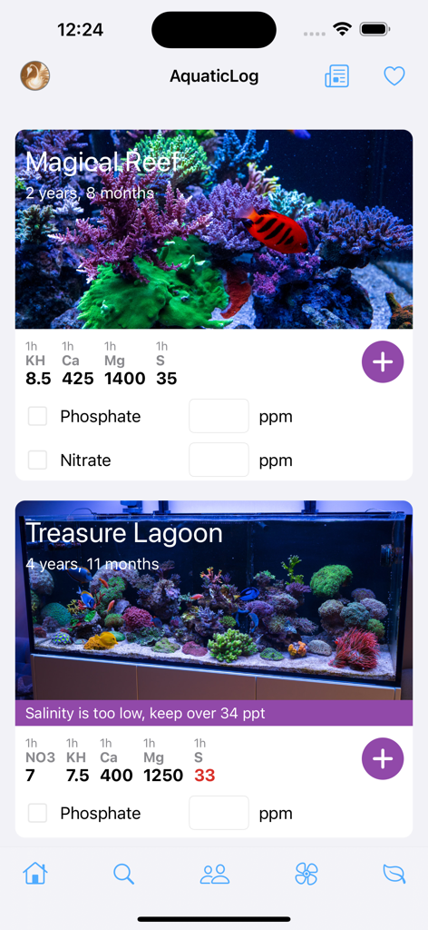 AquaticLog - Panel de control de la aplicación AquaticLog que muestra perfiles de tanques de arrecife y seguimiento de parámetros del agua para aficionados a los acuarios