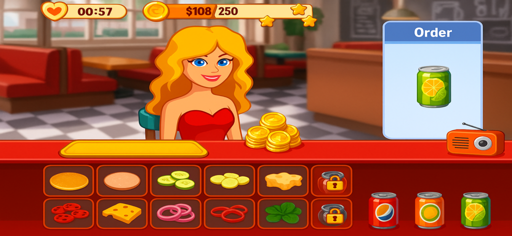 Foodie Kitchen :food making - A customer waiting at a diner counter for a lime soda in the Foodie Kitchen mobile app