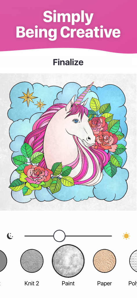 Jolly Paint: Coloring Book - Interface do aplicativo de livro de colorir Jolly Paint apresentando uma ilustração de unicórnio colorida com opções de textura como tinta e papel.