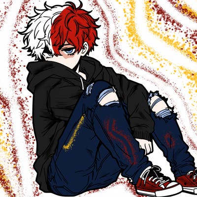 a male hoddie ripped jeans messy hair anime