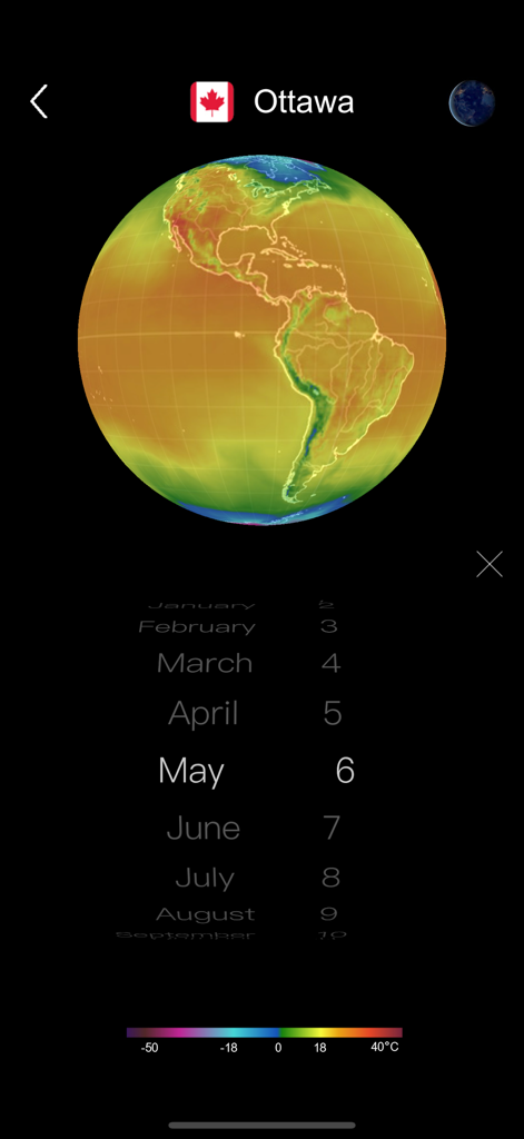 Um globo 3D exibindo dados de temperatura global para Ottawa em maio