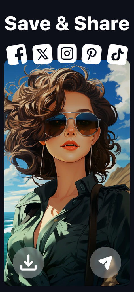 AI Photo Generator - AI Art - Oberfläche, die ein KI-generiertes Porträt mit Social-Media-Sharing-Icons zeigt