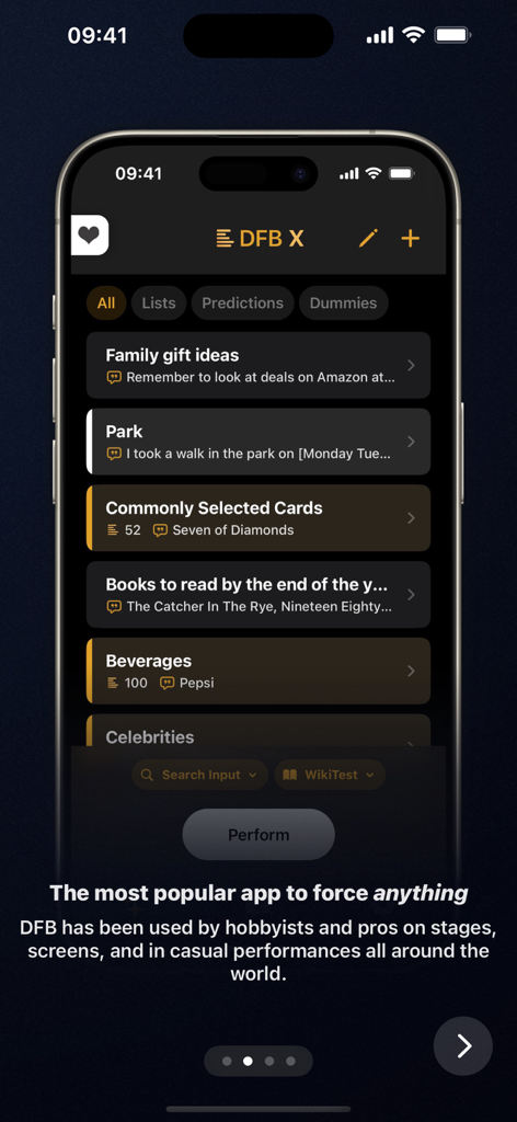 DFB X (Digital Force Bag X) - Interface of the DFB X magic app displaying various list categories for mentalists