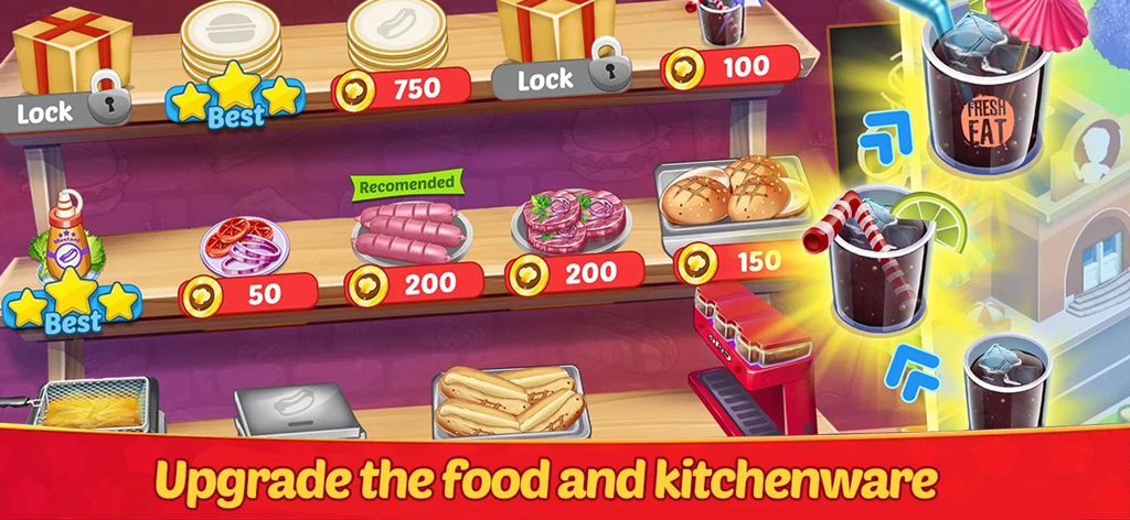 Menu for upgrading food ingredients and kitchen equipment in Kitchen Chef game