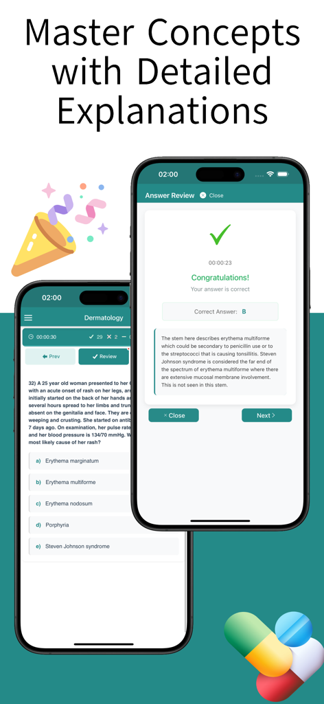 Interfaccia dell'app PLAB QBank PRO che mostra una domanda di dermatologia e una spiegazione dettagliata della risposta.