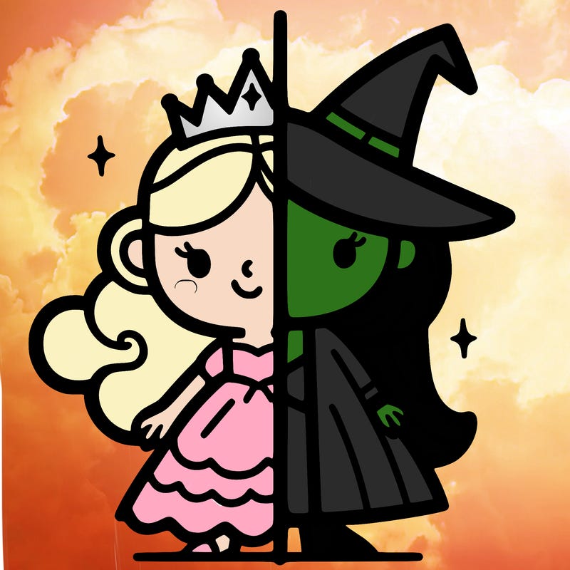 detailed split of a princess and a witch