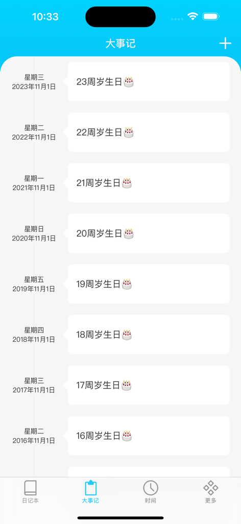 人生日记 - 年龄日记本和生活琐事笔记本 - A vertical timeline showing annual birthday entries and major life milestones in a journaling app