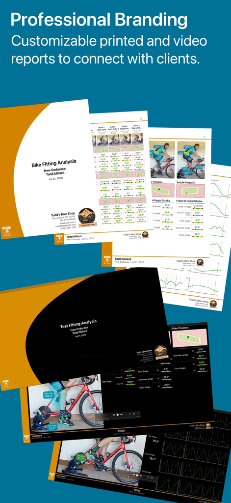 Marca profesional e informes personalizables de ajuste de bicicleta para clientes