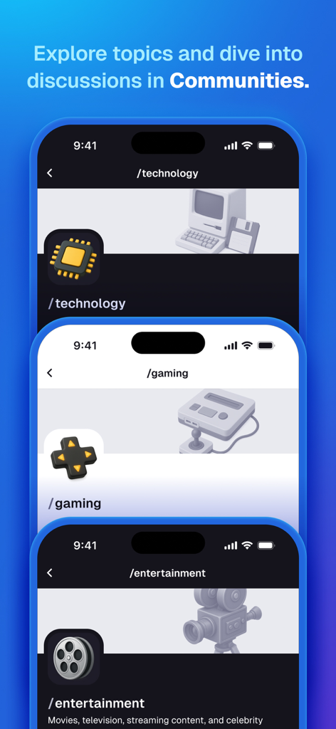 Digg - Interfaccia dell'app Digg che presenta varie community di nicchia tra cui tecnologia, gaming e intrattenimento