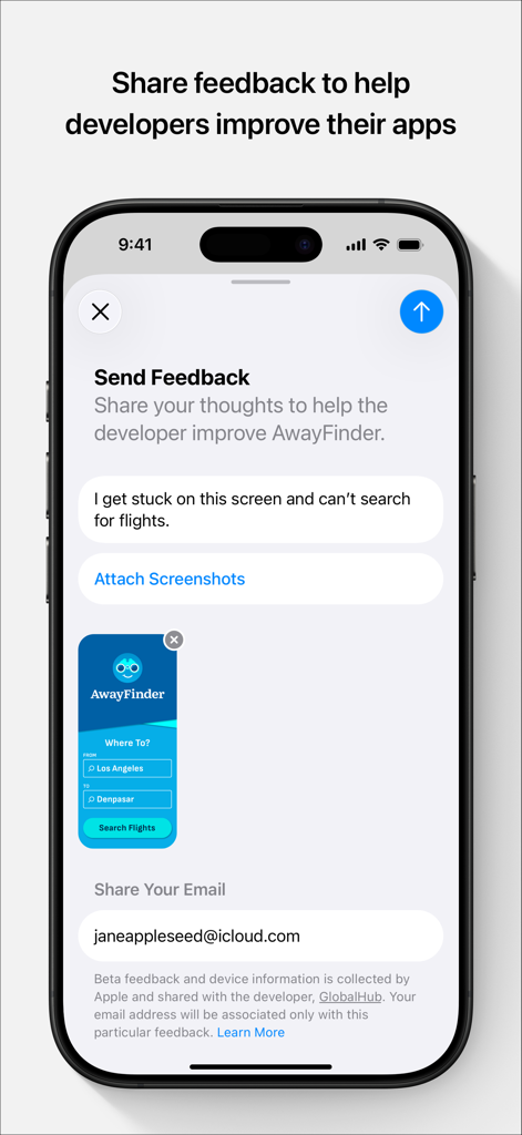 TestFlight send feedback interface for beta app testing