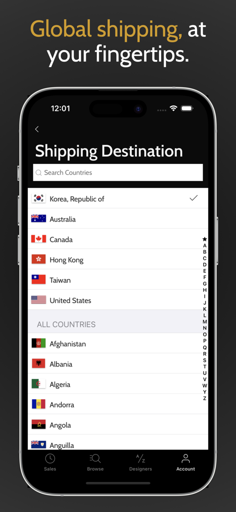 Interface do aplicativo Gilt exibindo uma lista de destinos de envio internacionais com bandeiras dos países.