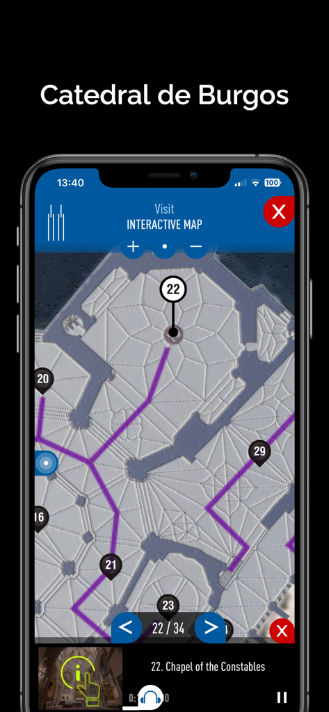 モバイルアプリ上のブルゴス大聖堂のインタラクティブなフロアプランマップ。番号付きの関心地点とConstables礼拝堂の位置が表示されています。