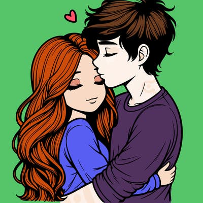 a realistic couple boy and girl hugging and kissing