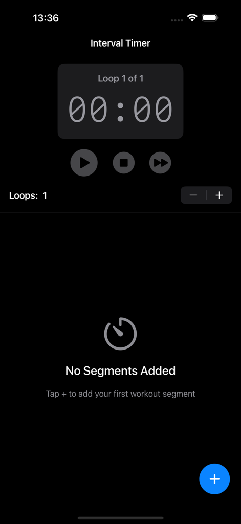 HIIT & Run Interval Timer - Interface of the HIIT and Run Interval Timer app in dark mode showing an empty workout setup with a start button and loop settings