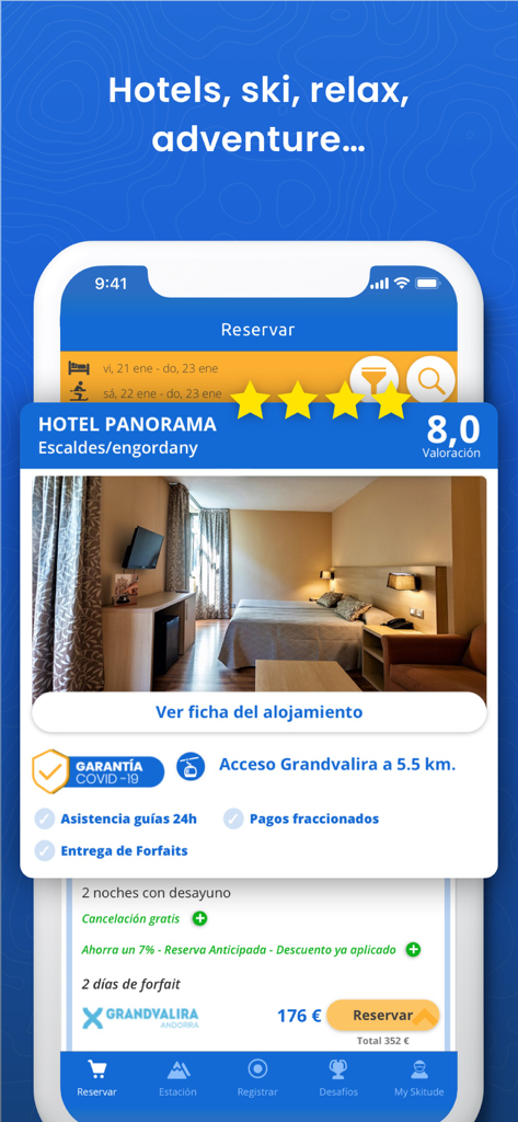 Estiber Viajes - Una pantalla de aplicación móvil que muestra la reserva de una habitación de hotel para un viaje de esquí a Andorra con precios y características.