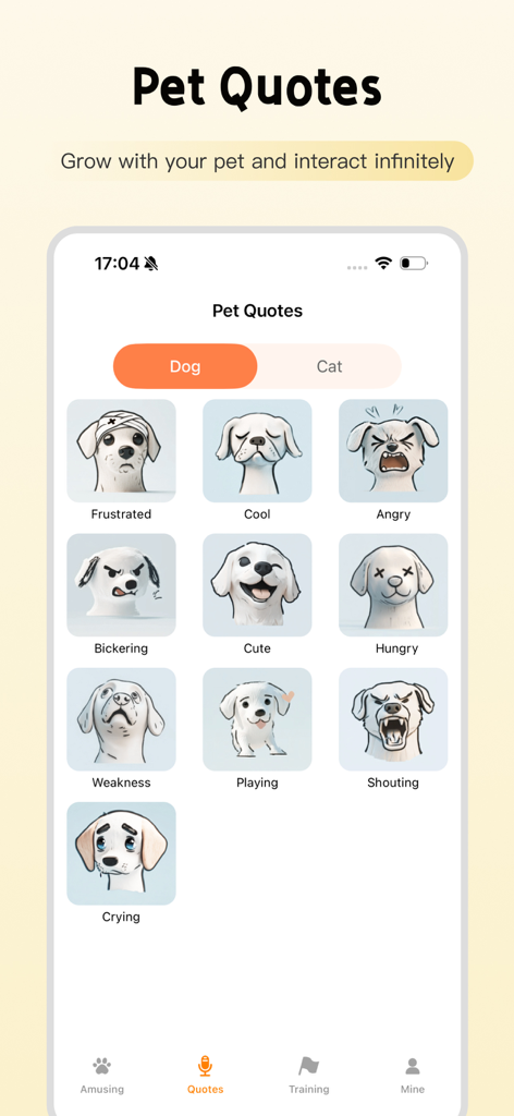 반려동물 인용문이라는 제목의 모바일 앱 화면으로, 좌절, 분노, 귀여움, 배고픔 등 다양한 감정을 나타내는 다양한 강아지 얼굴 그림 표시.