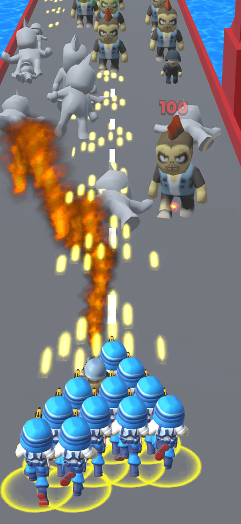 Last Stickman : Zombies War - An army of blue stickman soldiers shooting at a group of zombies during a runner level