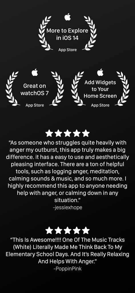 Quit Anger: Anger Management - User testimonials and App Store recognition badges for the Quit Anger management app.