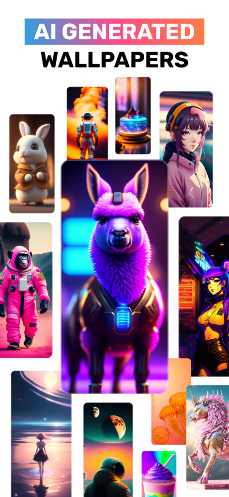 Themes - Icon Changer + Widget - A collection of colorful and aesthetic AI generated wallpapers featuring animals in outfits anime characters and futuristic scenes