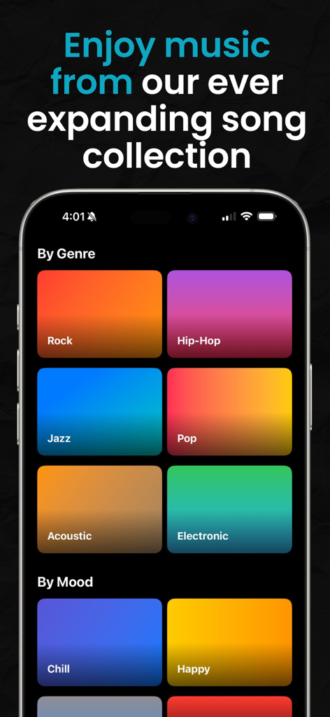 App interface showing music genres and moods selection tiles.