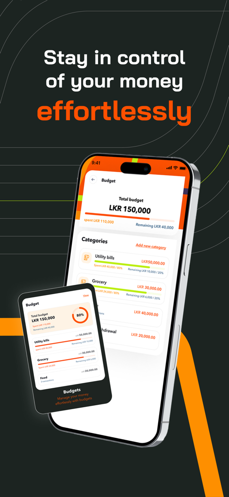 Écran budget de l'application mobile FriMi affichant le budget total en LKR et les catégories de dépenses telles que les factures de services publics et les courses