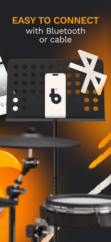 Beatlii: Drum Lessons - Smartphone on a music stand next to an electronic drum kit with text saying Easy to connect with Bluetooth or cable.