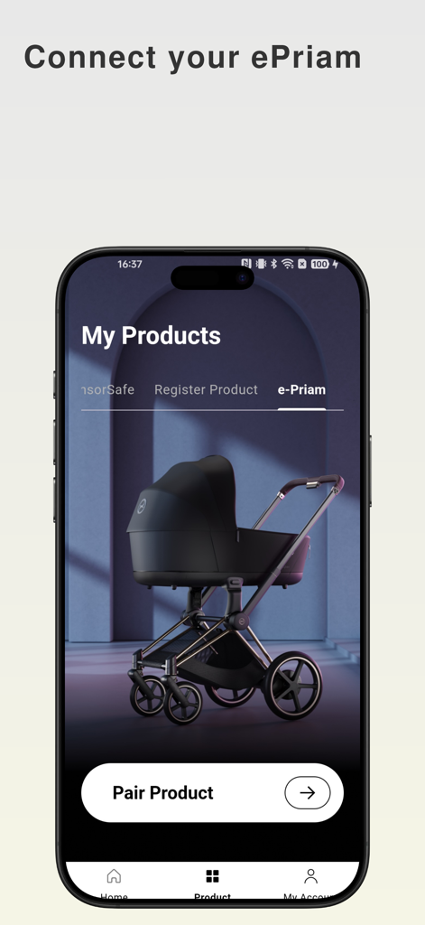 CYBEX app interface for pairing an e-Priam smart stroller