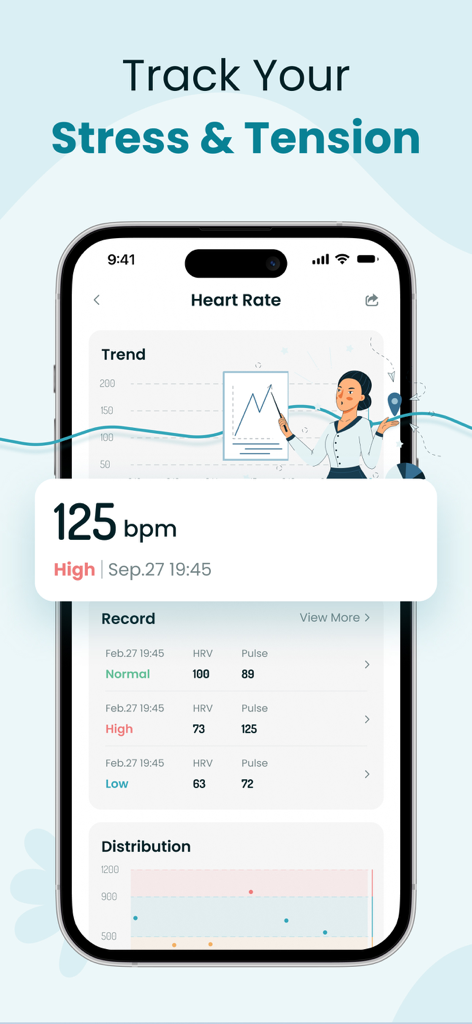 Interfaz de la aplicación HealthBit que muestra tendencias de frecuencia cardíaca, mediciones de pulso y registros de niveles de estrés en un iPhone.