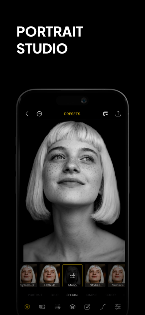 Phocus: Portrait Mode Editor - Smartphone screen displaying the Phocus app with a black and white portrait photo and editing presets.