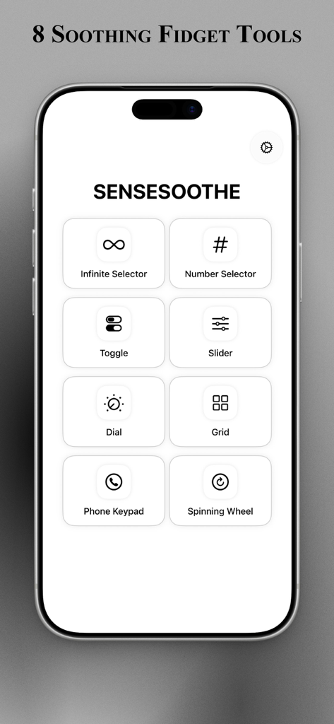 SenseSoothe - SenseSoothe app interface displaying eight minimalist digital fidget tools for sensory relief.