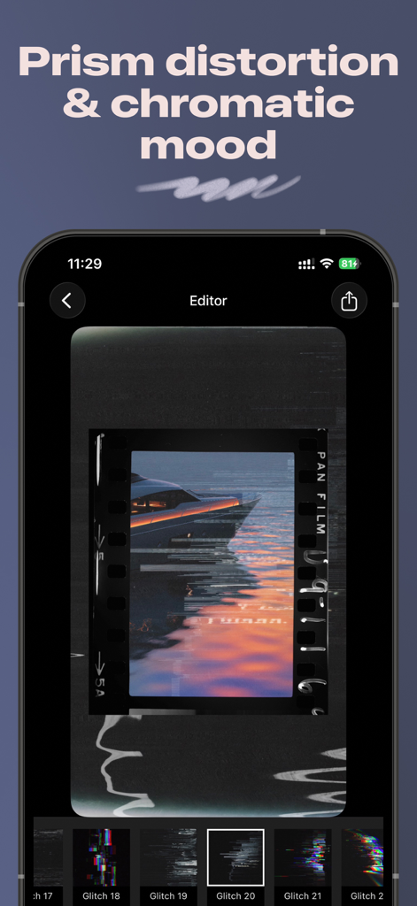 LUCH: Photo Effects & Filters - Uma captura de tela do aplicativo de fotos LUCH mostrando efeitos de distorção de prisma e glitch cromático aplicados a uma foto de filme cinematográfico