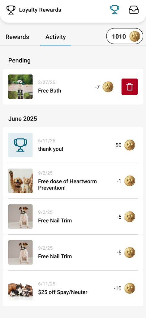 PetPage app loyalty rewards activity log showing history of points earned and spent for veterinary services