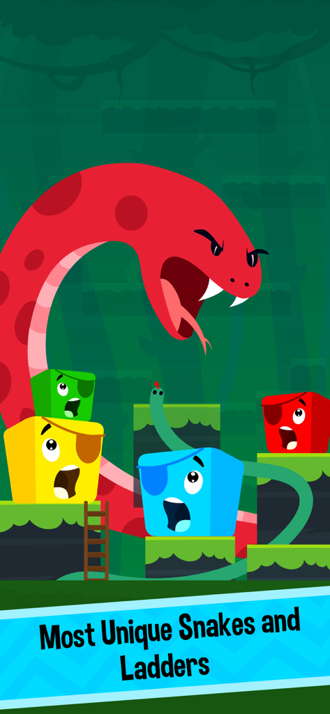 A large red snake looming over colorful cube characters in a jungle themed platformer game.