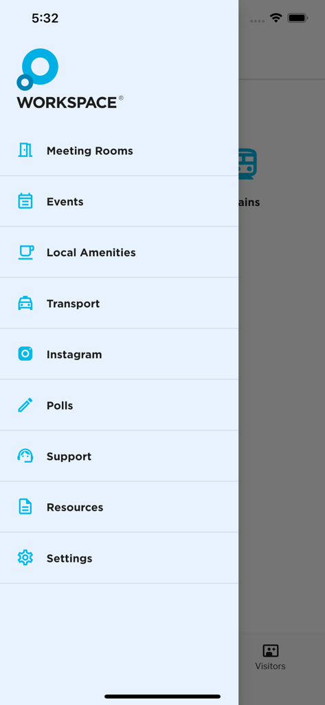 MyWorkspace - Side navigation menu of the MyWorkspace app showing features like meeting rooms events and local amenities